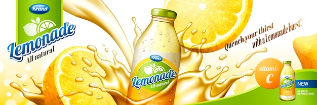Succo di limonata naturale con spruzzi di liquido e frutta a fette nell'illustrazione, contenitore per bottiglie di vetro