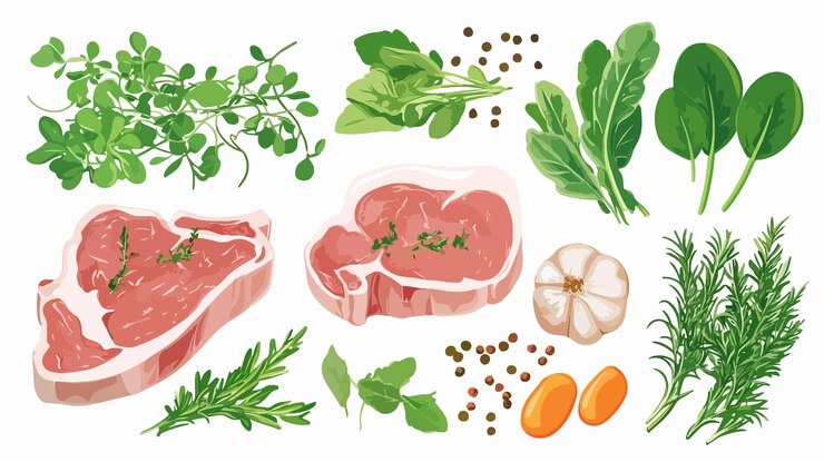 Vettore succulenta bistecca di maiale organica fresca con icona di erbe isolata