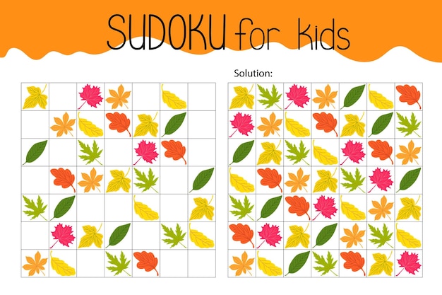 Sudoku lascia gioco educativo attività di svago foglio di lavoro autunno puzzle stagionale con soluzione