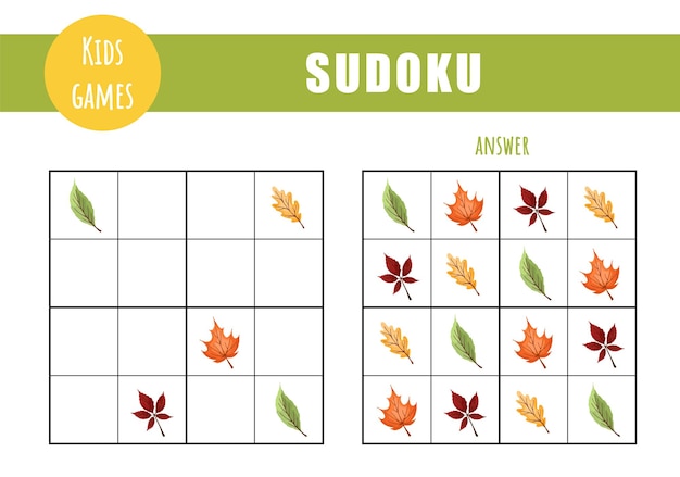 Sudoku per bambini Scheda attività per bambini Gioco di puzzle con foglie autunnali
