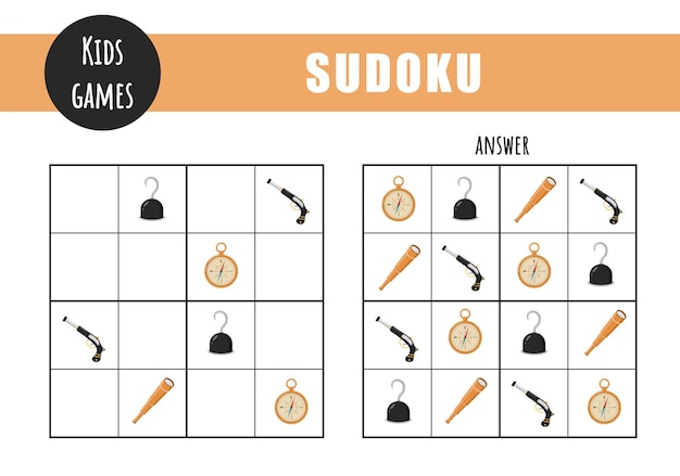 Sudoku per bambini Scheda attività per bambini Gioco puzzle con oggetti pirata Concetto di istruzione e tempo libero Illustrazione vettoriale in stile cartone animato piatto