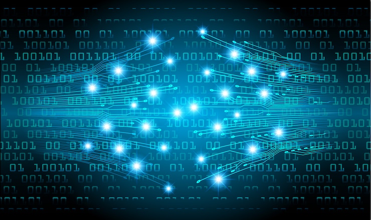 Vettore sulla base del concetto di tecnologia del futuro del circuito cibernetico blu