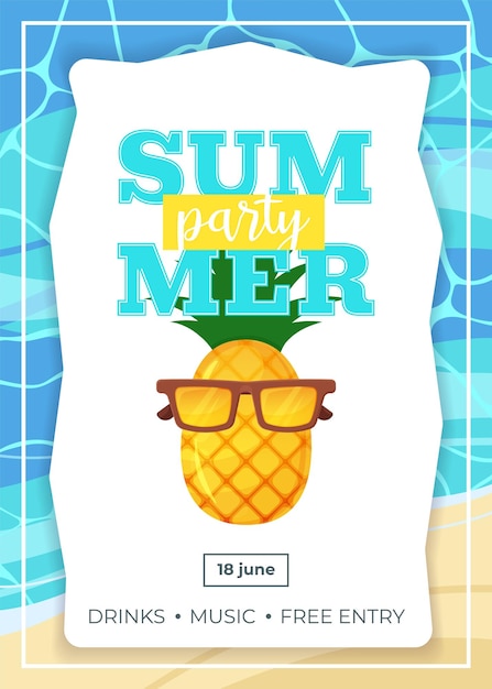 Summer Party Poster con ananas in bicchieri Banner template Vector