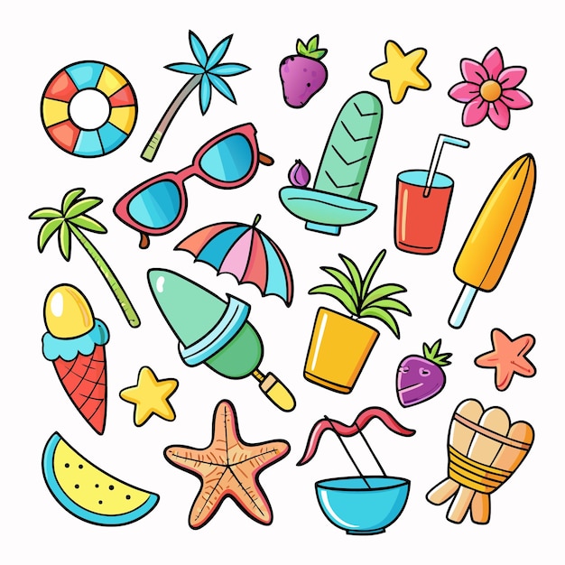 Summer Vibes Beach Day Essentials in stile piatto disegnato a mano