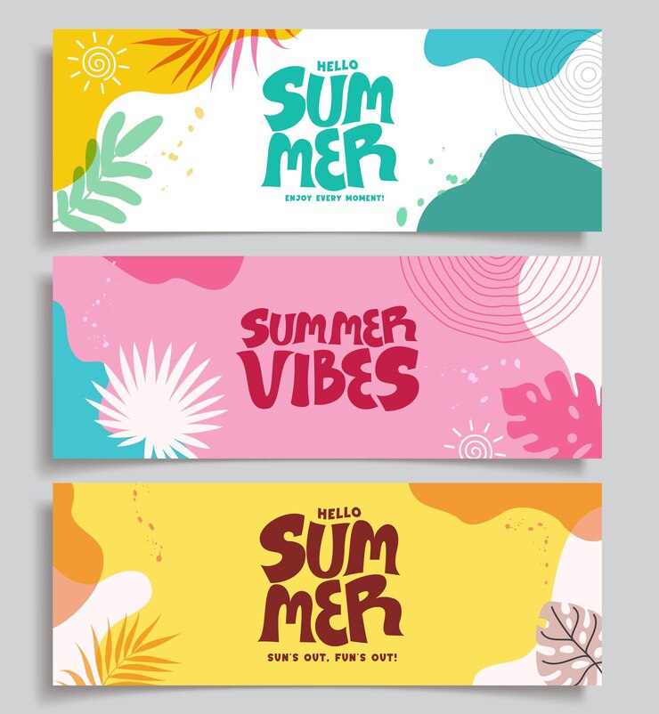 Vettore summer vibes clipart banner set summer greeting card in colorata collezione di clip art astratta