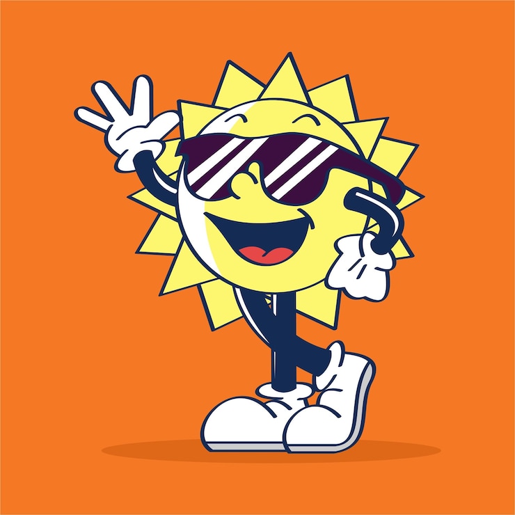 Vettore sun personaggio dei cartoni animati in posa con gli occhiali viso carino illustrazione disegno a mano vettore