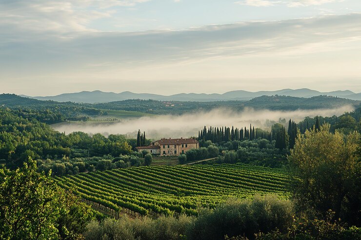 Vettore sundrenched vineyard panorama rolling hills lush vines scenic beauty sky view file di vino cadono