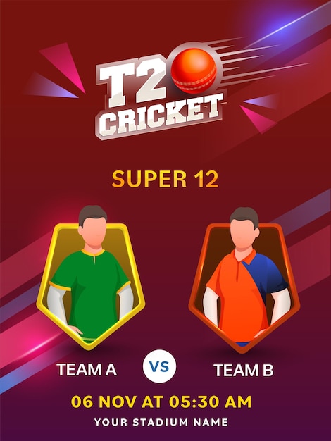 Super 12 T20 partita di cricket tra Sud Africa VS squadra olandese con giocatori senza volto su sfondo rosso e viola