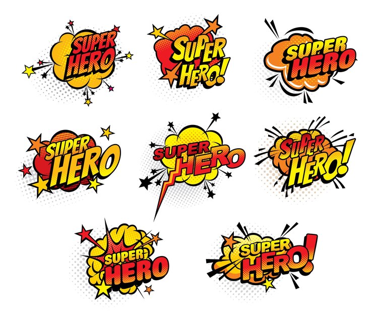 Vettore super eroe fumetti mezzo tono bolle icone isolate. cartoon pop art retrò suono nube esplosione esplosioni con stelle e motivo punteggiato. boom bang simboli colorati supereroi con set di tipografia