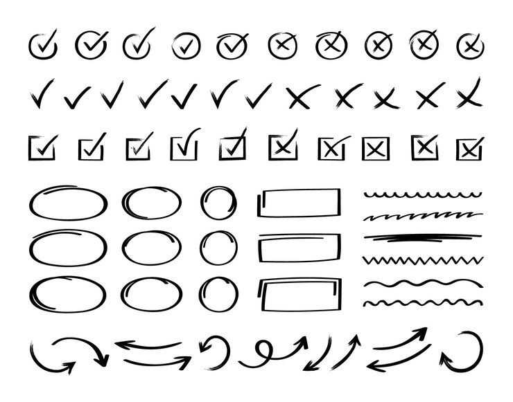 Vettore super set segno di spunta disegnato a mano con diverse frecce circolari e sottolineature doodle v checklist segni set di icone illustrazione vettoriale