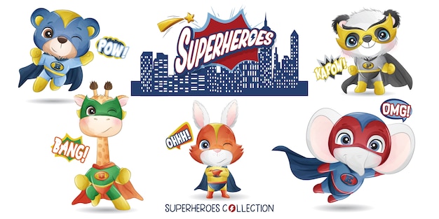 Supereroe di simpatici animali con illustrazione dell'acquerello