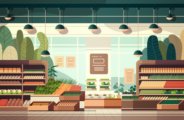 supermercato di alimentari con verdure e frutta fresche sugli scaffali concetto di consumismo al dettaglio negozio di mercato moderno interno illustrazione vettoriale orizzontale