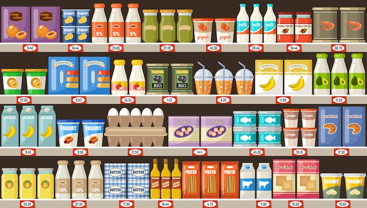 Vettore supermercato, scaffali con prodotti e bevande