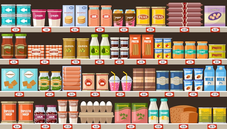 Vettore supermercato, scaffali con prodotti e bevande