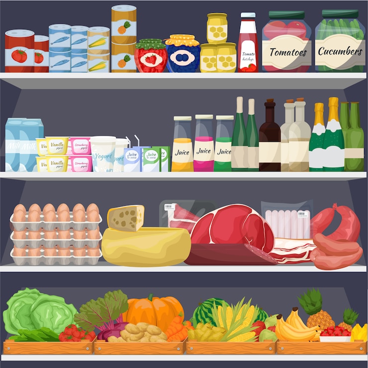 Vettore supermercato, scaffali con vari alimenti