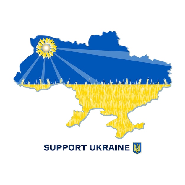 Supporta il tema della mappa della bandiera dell'Ucraina Tridente di girasole Tryzub Peace Pray for Ukraine Flat Vector