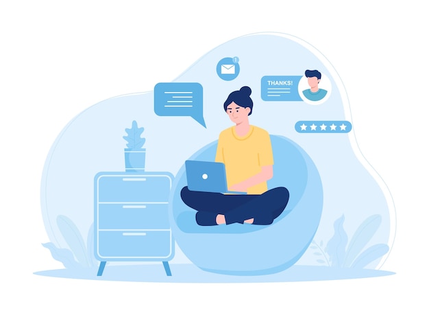 Supporto clienti una donna si siede su una sedia usando un concept flat illustration per laptop
