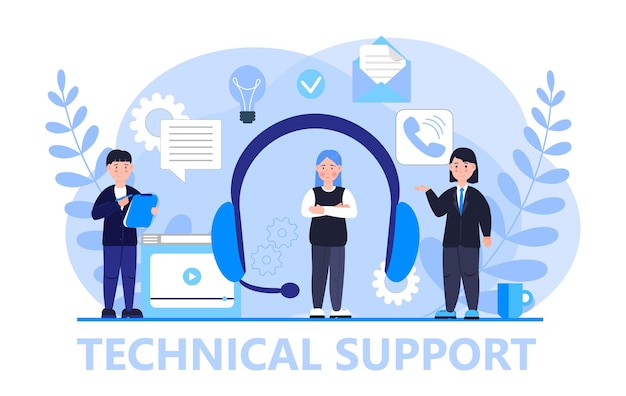 Supporto tecnico o vettore di concetto di call center Sono mostrati grandi cuffie e assistenti Illustrazione della tecnologia digitale o AI