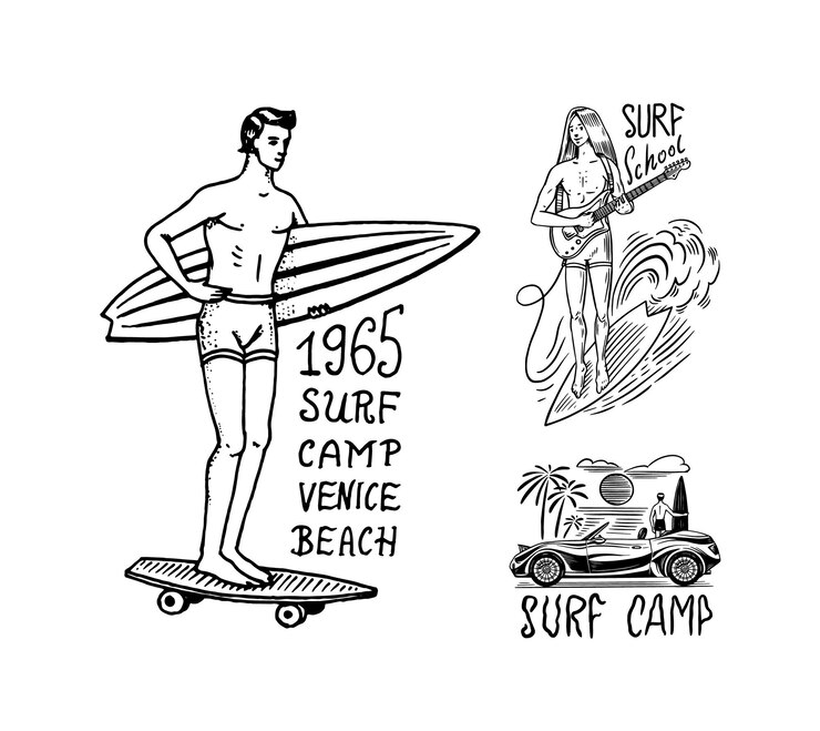 Vettore surf badge retro wave e palma estate california pin set uomo sulla tavola da surf spiaggia e mare