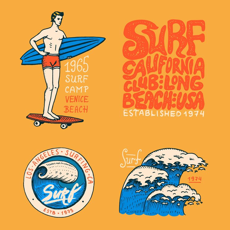 Vettore surf distintivo onda e oceano vintage retrò sfondo tropici e california uomo sulla tavola da surf