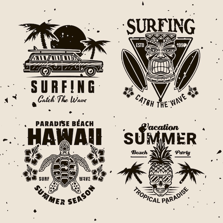 Surf e vacanze estive set di emblemi vintage con onde tropicali spiaggia tavole da surf palme e tramonti perfetti per t-shirt e disegni in stile retro