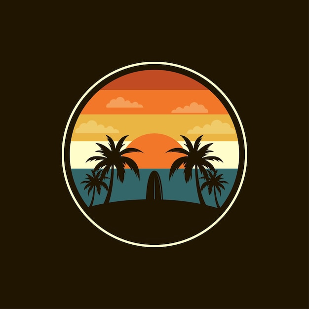 Surf logo design su una spiaggia tropicale, illustrazione