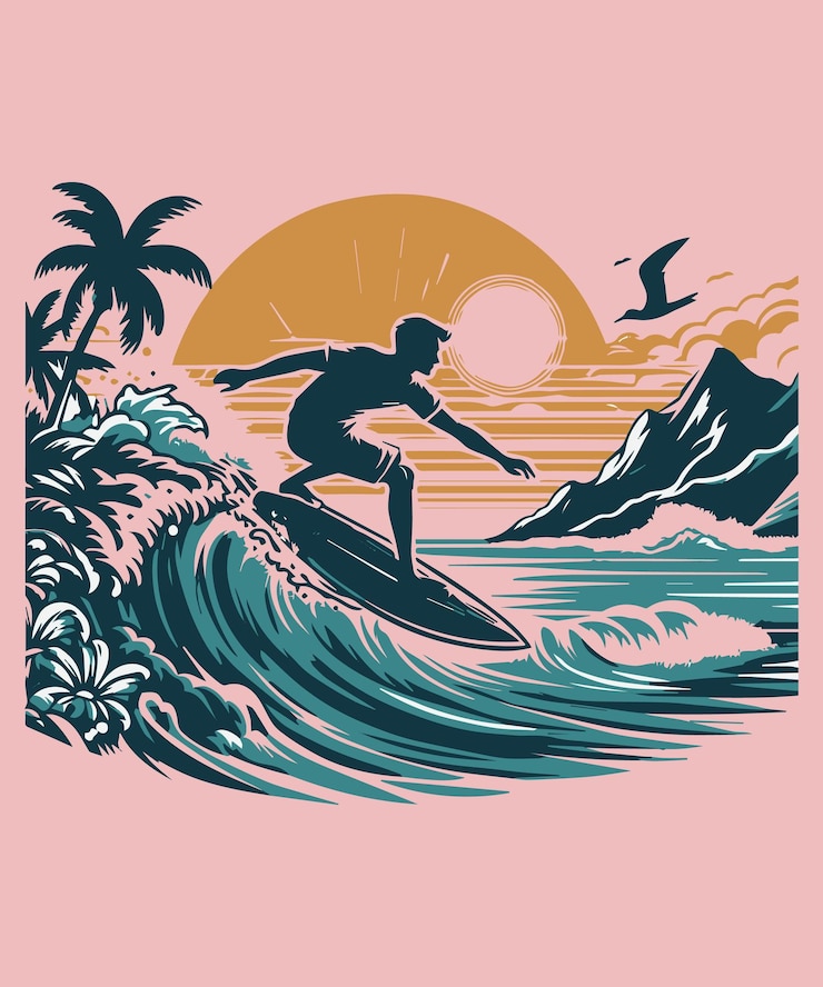 Vettore surfista che cavalca sull'oceano blu