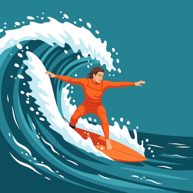 Surfista che cavalca un'onda con le braccia aperte sull'acqua dell'oceano