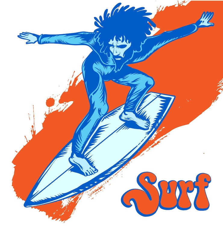 Vettore surfista sull'onda isolato sul bianco