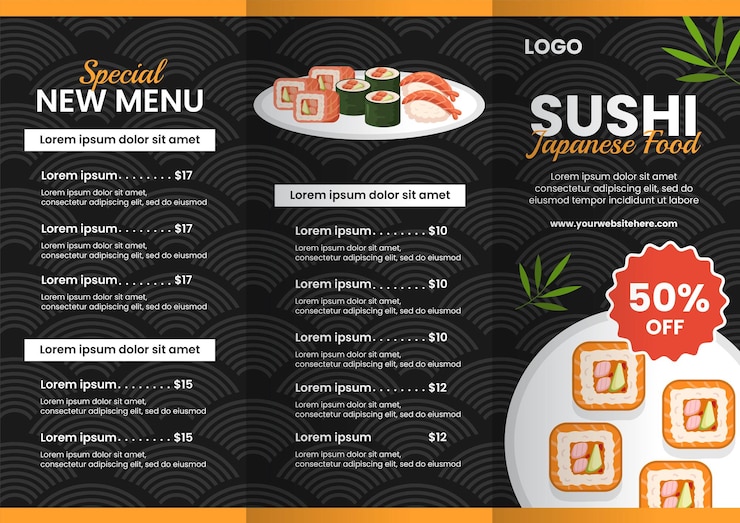 Vettore sushi brochure alimentare giapponese cartone animato piatto modelli disegnati a mano illustrazione di sfondo