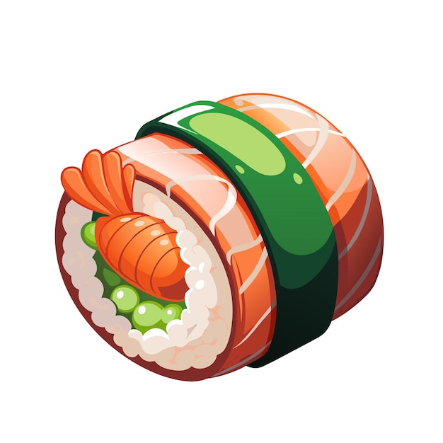 Sushi giapponese in stile cartone animato su sfondo bianco