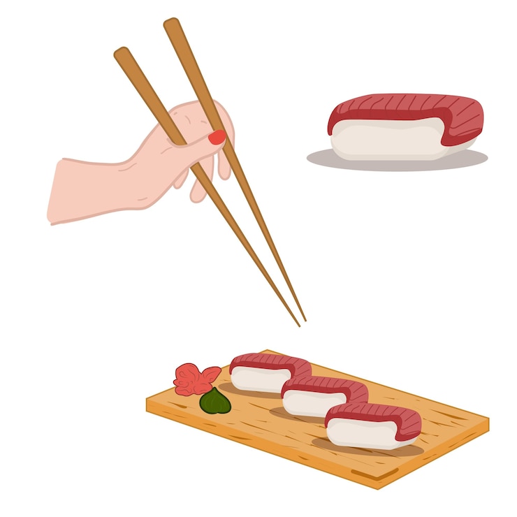Vettore sushi impostato su tavola woode bacchette in mano rotoli con tonno illustrazione vettoriale di cibo asiatico