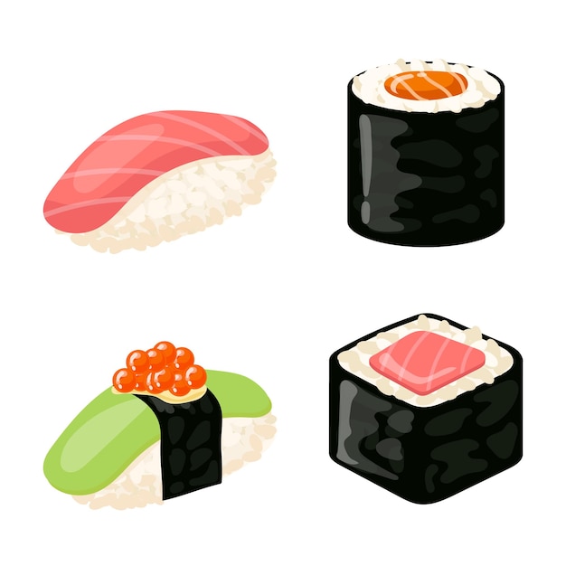 Sushi Rolls Elementi Cibo salmone gamberetti avocado crema formaggio menu Sushi cibo giapponese isolato