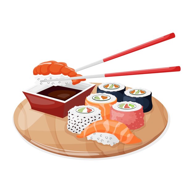 SushiUn set colorato di diversi tipi di sushi su un vassoio di bambù bacchette e una ciotola di salsa di soia