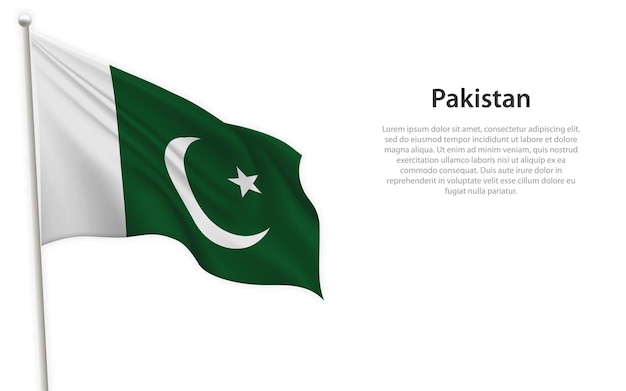 Sventola bandiera del Pakistan su sfondo bianco Modello per il poster del giorno dell'indipendenza