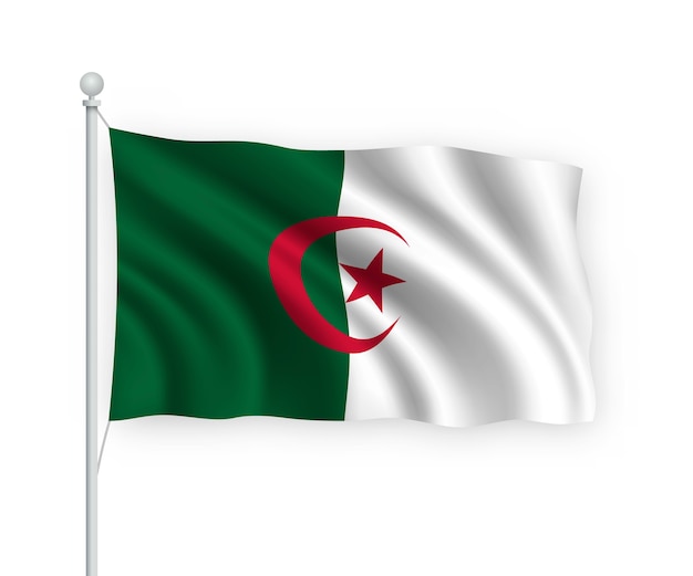 sventolando la bandiera Algeria sul pennone isolato su bianco