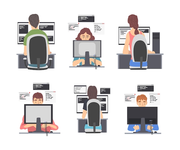 Sviluppatore web o programmatore che lavora davanti allo schermo del computer Set di illustrazione vettoriale Maschio e femmina come specialista software impegnati nello sviluppo di applicazioni World Wide Web Concept