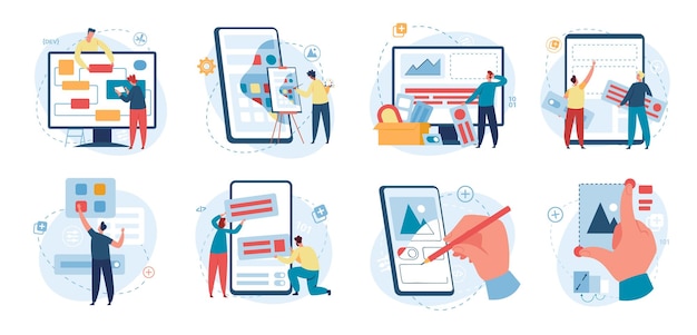 Sviluppatori e programmatori di software al lavoro, concetto di codifica e programmazione. Web designer professionisti che lavorano sul set di vettori per lo sviluppo di app. Interfaccia di progettazione dei personaggi per diversi gadget