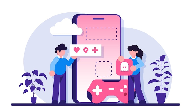 Vettore sviluppo del mondo virtuale, sviluppo di giochi per cellulari. i programmatori stanno lavorando alla creazione del gioco.
