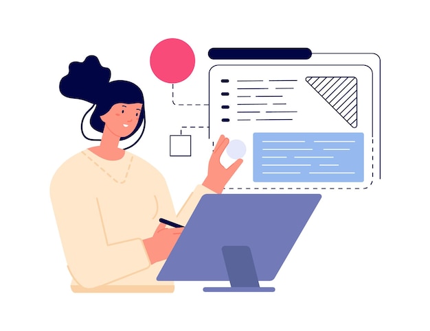 Sviluppo di siti Web Ragazza programmatrice o designer digitale Studente che lavora con il tablet Donna lavora con il concetto di vettore di grafici astratti