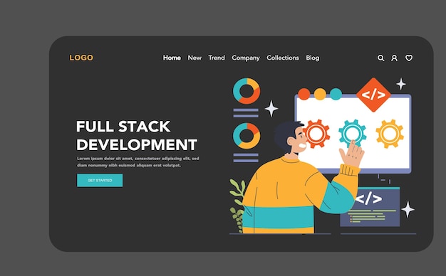 Sviluppo di software banner web o pagina di destinazione modalità scura o notturna codifica backend e frontend