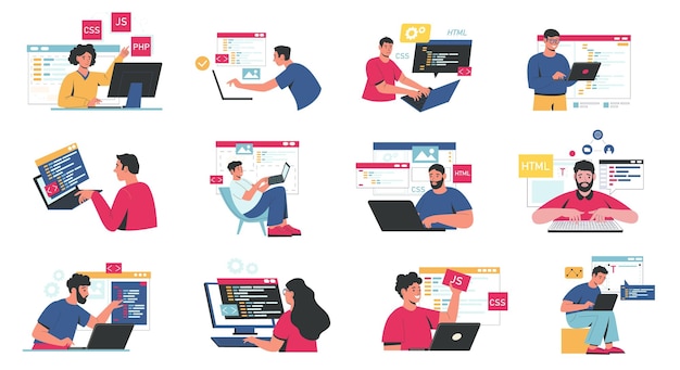 Sviluppo front-end e back-end Caratteri astratti che lavorano su programmatori di interfaccia di app per siti Web di progettazione Web reattiva che codificano e creano software per pc Insieme vettoriale