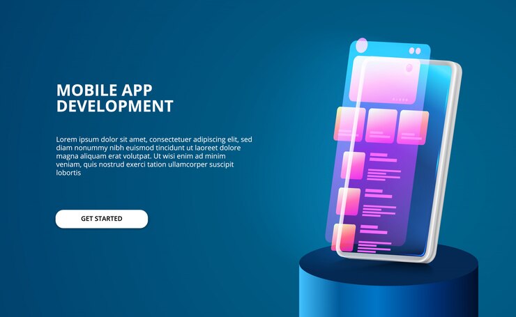 Vettore sviluppo moderno di app mobili con design dell'interfaccia utente con colori sfumati al neon e smartphone 3d con schermo luminoso.
