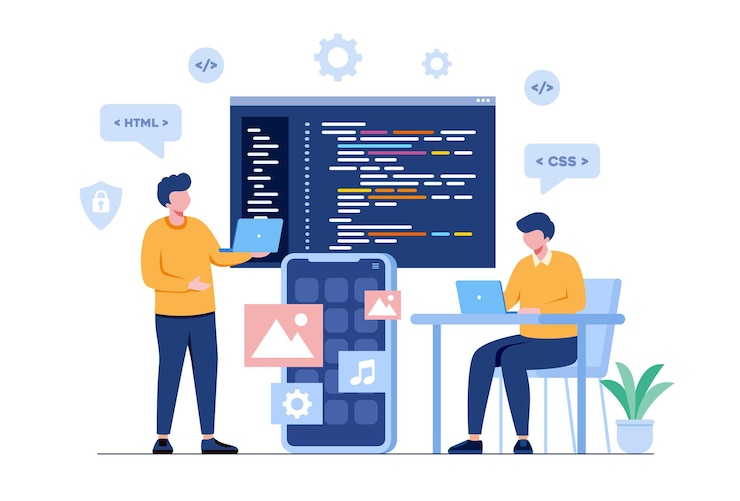 Vettore sviluppo web. linguaggi di programmazione. css, html, it, ui. sito web di sviluppo di personaggi dei cartoni animati del programmatore, codifica. banner illustrazione piatta