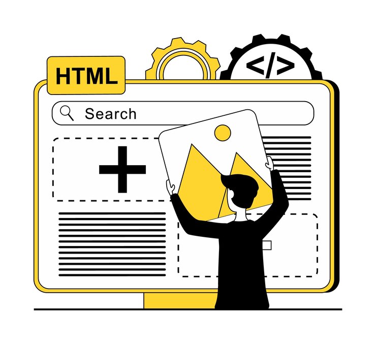 Vettore sviluppo web un uomo costruisce un sito web con gli elementi