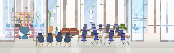 Vettore svuotare la sala di formazione per conferenze del centro di co-working creativo senza persone con l'insegna orizzontale interna dell'ufficio creativo di concetto di presentazione e del posto di lavoro della tavola rotonda