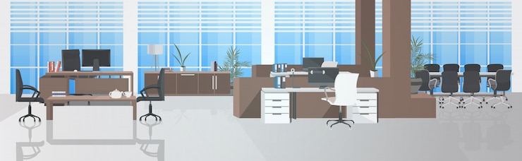 Vettore svuotare nessun centro di coworking con sala riunioni moderna ufficio open space interno orizzontale