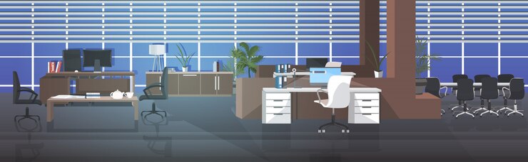 Vettore svuotare nessun centro di coworking con sala riunioni moderna ufficio open space interno orizzontale