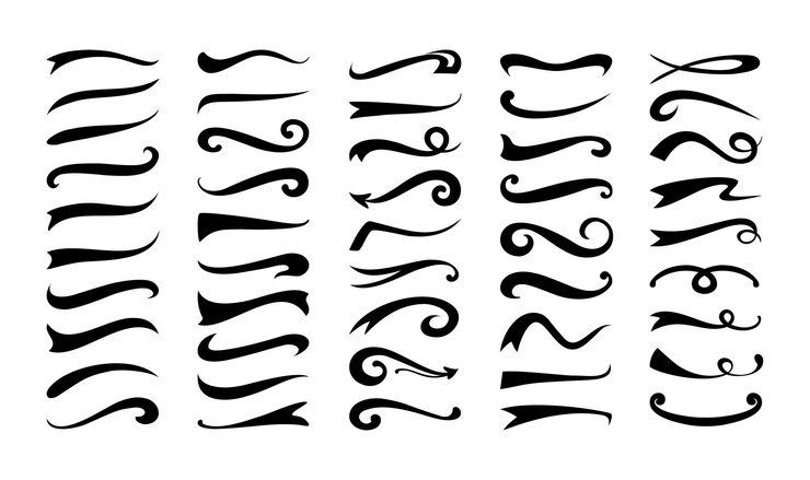 Vettore swirl swoosh sottoline swash e divisori neri curve tratti calligrafici silhouette isolate bordi astratti pennellate scricchiolate frecce e forme fiorenti coda di onde grafiche vettoriali impostate