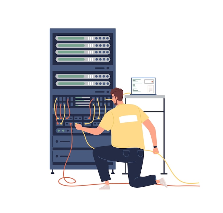 Vettore sysadmin che regola la rete e la connessione internet al computer. amministratore di sistema manutenzione e riparazione del server. illustrazione vettoriale piatta colorata di riparatore e centralino isolato su bianco.